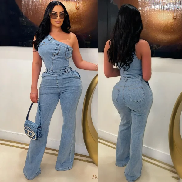 2025 New European and American style off-shoulder waist-tight denim overalls; Fashionable outfit; Trend; Women's clothing; Flare - Image 3