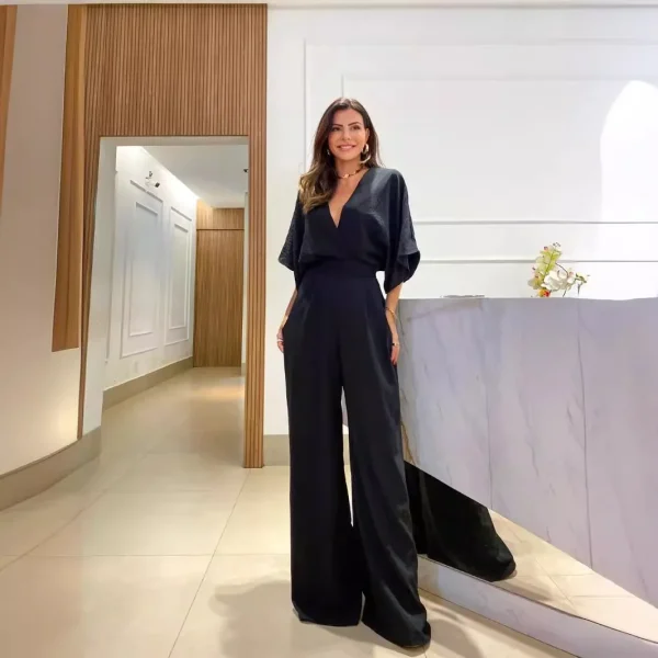 Jumpsuits Women Rompers Wide Leg Pants V Neck One Piece Spliced Full Length Short Sleeve Solid Sashes High Street Loose - Image 2