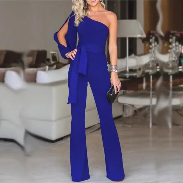 Ladies Elegant Jumpsuit Spaghetti Straps V-Neck Solid Embroidered Lace Open Back Wide Leg Jumpsuit Long Jumpsuit Black White - Image 4
