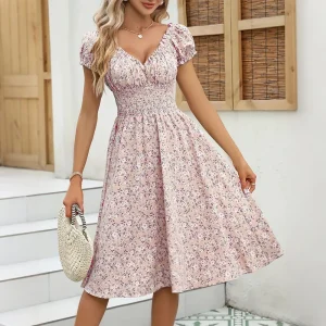 Women's Boho Floral Printed V-Neck Puff Sleeve A-Line Midi Dress Summer Ladies Beach Holiday Vacation Sundress Size S-2XL