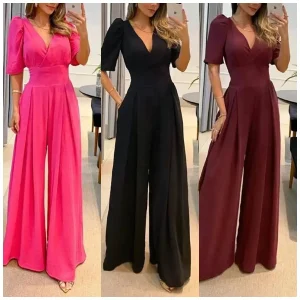 2025 Women Jumpsuit Puff Short Sleeve V Neck Backless Nipped Waist Loose Wide Legs Casual Pants Romper High Streetwear