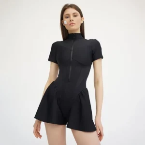 2025 New Women's Jumpsuit Solid Color Zip-Up O-Neck Short Sleeve Sports Bodysuits Women Summer Sexy Slim One-Piece Playsuits