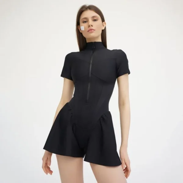 2025 New Women's Jumpsuit Solid Color Zip-Up O-Neck Short Sleeve Sports Bodysuits Women Summer Sexy Slim One-Piece Playsuits