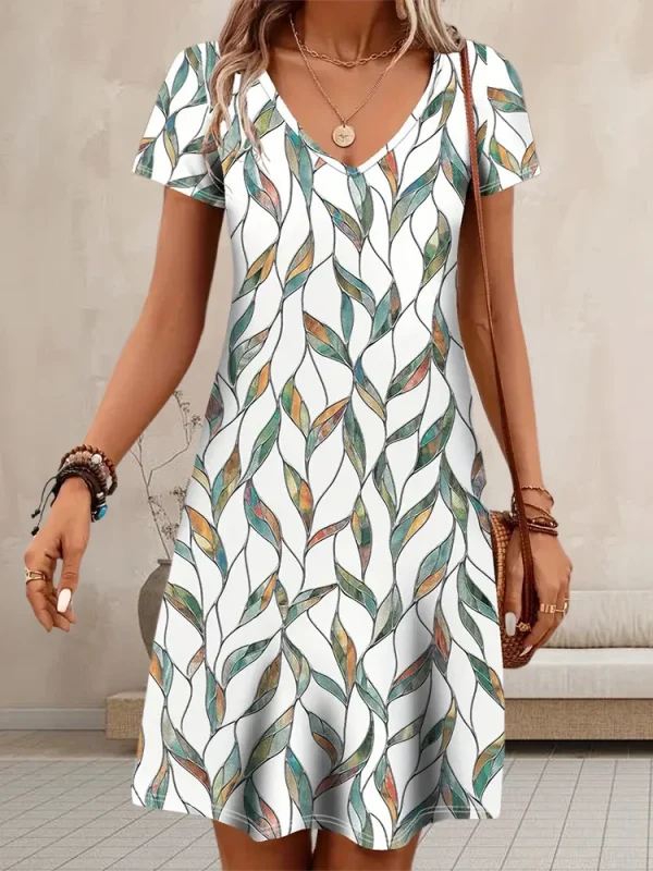 Casual Well-Fitted Printed Short Dress For Women Summer Elegant And Retro Lady's V-Neck Short-Sleeved Straight Knee-Length Dress - Image 2