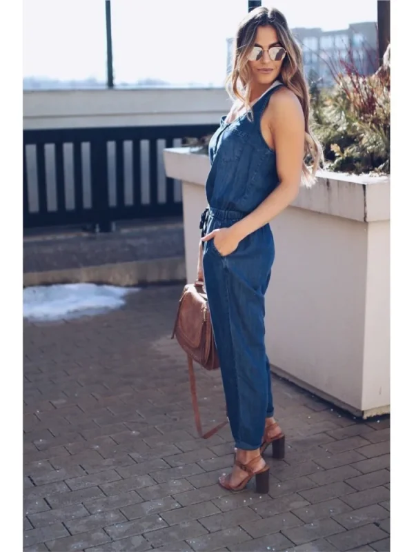 Summer Denim Jumpsuit For Women 2025 Fashion Sleeveless Button Vest Slim Drawstring Pant Jumpsuits High Street Women's Clothing - Image 5