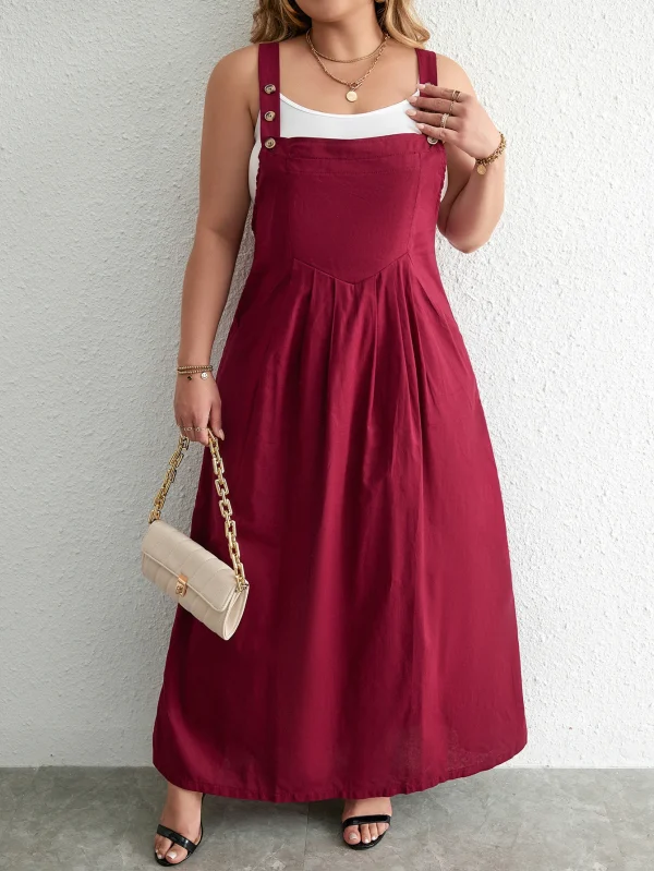 Plus Size Cotton Dress Woman 2024 Summer Sleevless Solid Casual Strap Tank Dress Red Pockets Big Curvy Size Maxi Long Dresses - Image 6