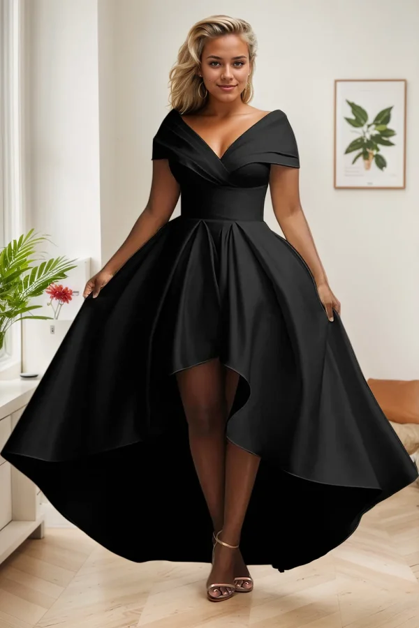 Elegant Party Club Evening Dress for Women Irregular Hem Pleated A-Line Solid Sexy V-Neck High Waist Plus Size Long Dresses - Image 2