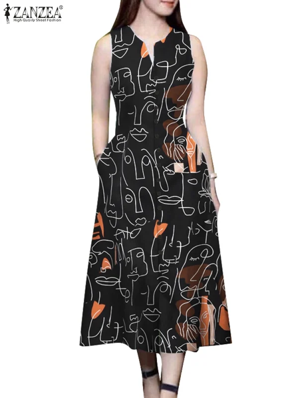 ZANZEA Elegant Women Midi Dresses Summer Sleeveless Party Sundress Stylish V Neck Holiday Work Vestidos Print A Line Dress 2025 - Image 5