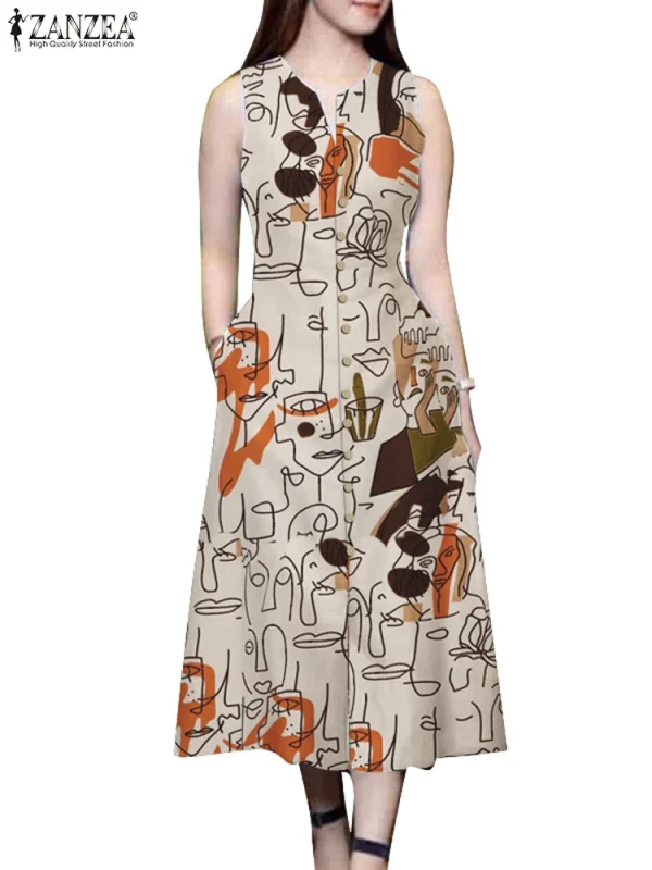 ZANZEA Elegant Women Midi Dresses Summer Sleeveless Party Sundress Stylish V Neck Holiday Work Vestidos Print A Line Dress 2025 - Image 4