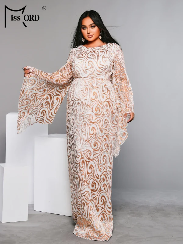 Missord Plus Size Rosegold Round Neck Flare Sleeve Geometric Sequin Evening Wedding Birthday Party Performance Prom Dress