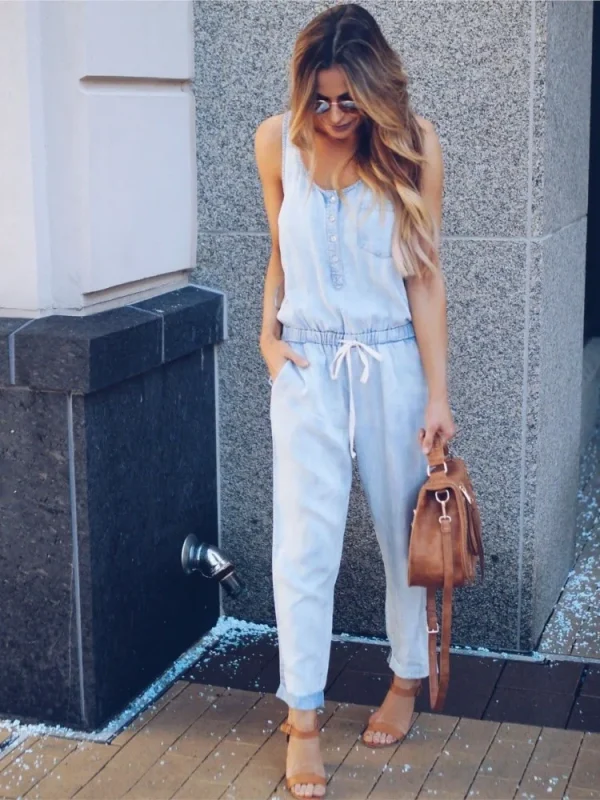 Summer Denim Jumpsuit For Women 2025 Fashion Sleeveless Button Vest Slim Drawstring Pant Jumpsuits High Street Women's Clothing - Image 2