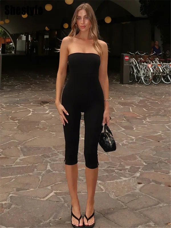Shestyle Solid Strapless Playsuit Women Black Sexy Sportwear Work Out Elastic Figure Building Outfit Jumpsuit Slit Sleeveless - Image 5