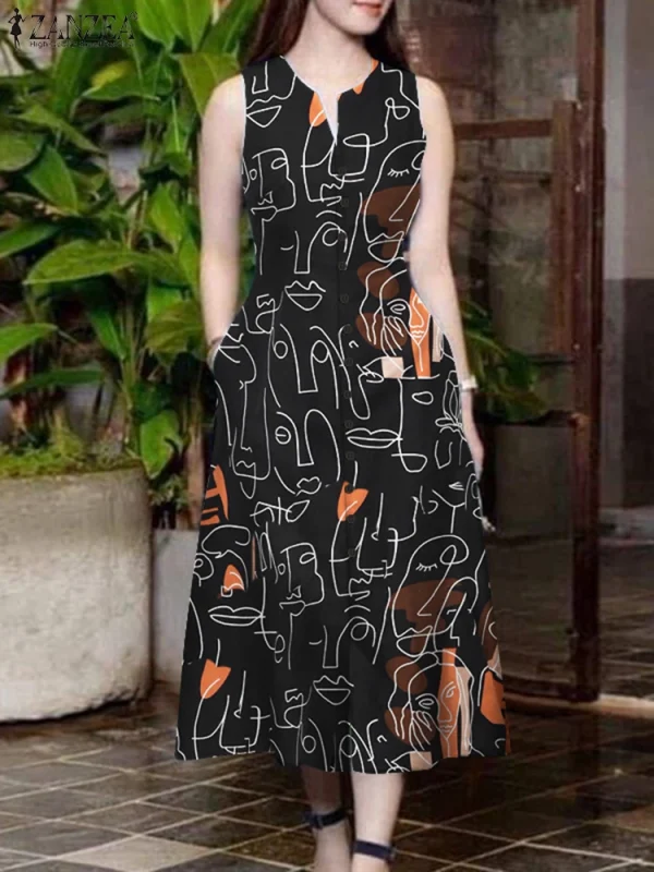 ZANZEA Elegant Women Midi Dresses Summer Sleeveless Party Sundress Stylish V Neck Holiday Work Vestidos Print A Line Dress 2025 - Image 2