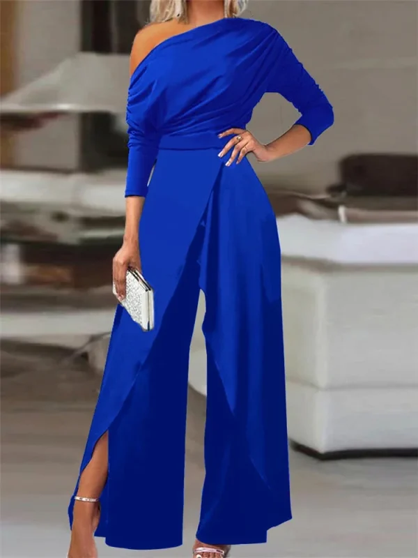 2025 Spring Jumpsuits for Women Plain Elegant Office Lady Loose Ruched One Shoulder Split Hem Wide Leg Jumpsuit - Image 5