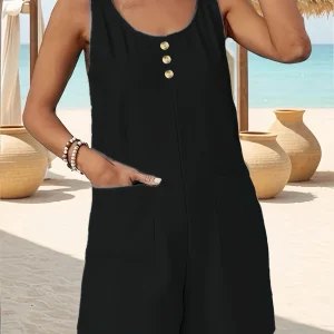 Elegant Women's Plus Size Sleeveless Jumpsuit - Solid Color Round Neck Vest with Button Pockets | Casual Fashion Romper