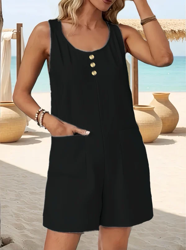 Elegant Women's Plus Size Sleeveless Jumpsuit - Solid Color Round Neck Vest with Button Pockets | Casual Fashion Romper