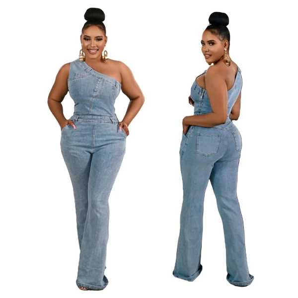 2025 New European and American style off-shoulder waist-tight denim overalls; Fashionable outfit; Trend; Women's clothing; Flare - Image 5