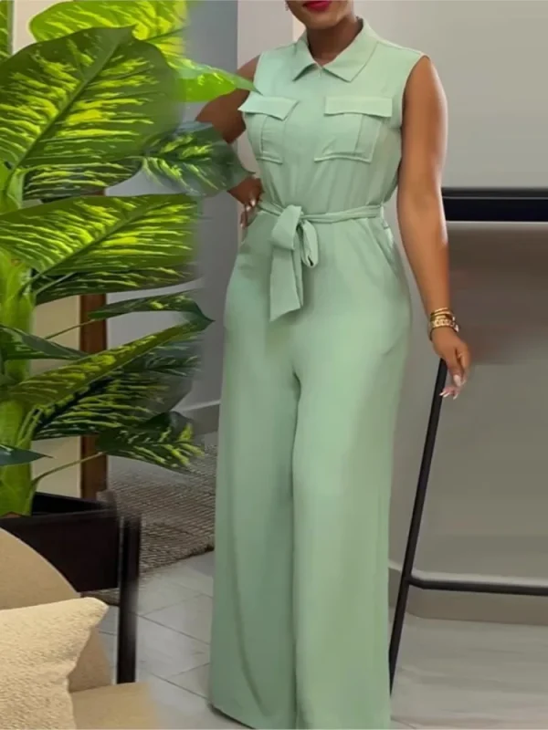 Spring And Summer Sleeveless Wide-leg Jumpsuit Women's Fashion Lace-up Lapel Pocket Front Zipper Flying Street Jumpsuit Trousers - Image 4