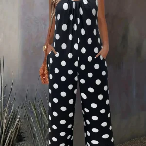 Plus-size fashion polka dot print vacation style with pocket jumpsuit