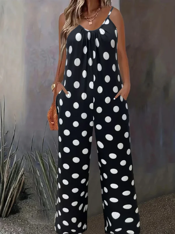 Plus-size fashion polka dot print vacation style with pocket jumpsuit