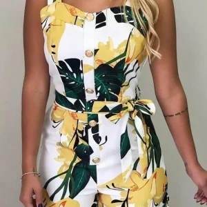Sleeveless Print Buttoned Design Rompers Women Playsuits Thick Strap Casual Slim Summer One Piece Overalls