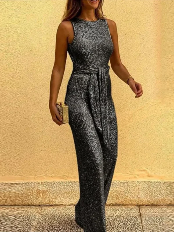 Women Jumpsuits Solid Color Sleeveless O-neck Sequin Backless High Waist Jumpsuit Female Elegant Sexy Evening Party Jumpsuit - Image 4