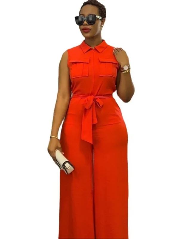 Spring And Summer Sleeveless Wide-leg Jumpsuit Women's Fashion Lace-up Lapel Pocket Front Zipper Flying Street Jumpsuit Trousers - Image 3