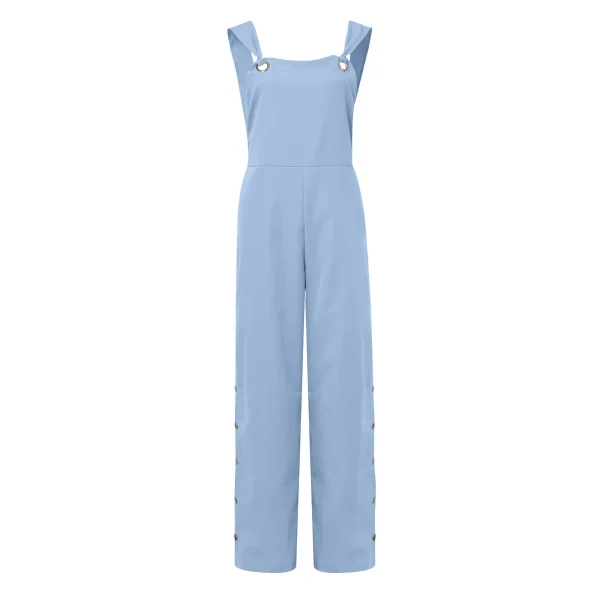 Women's Summer Sleeveless Cotton Linen Playsuits Strappy Side Button Opening Overalls Loose Long Wide Leg Pants Female Jumpsuits - Image 4