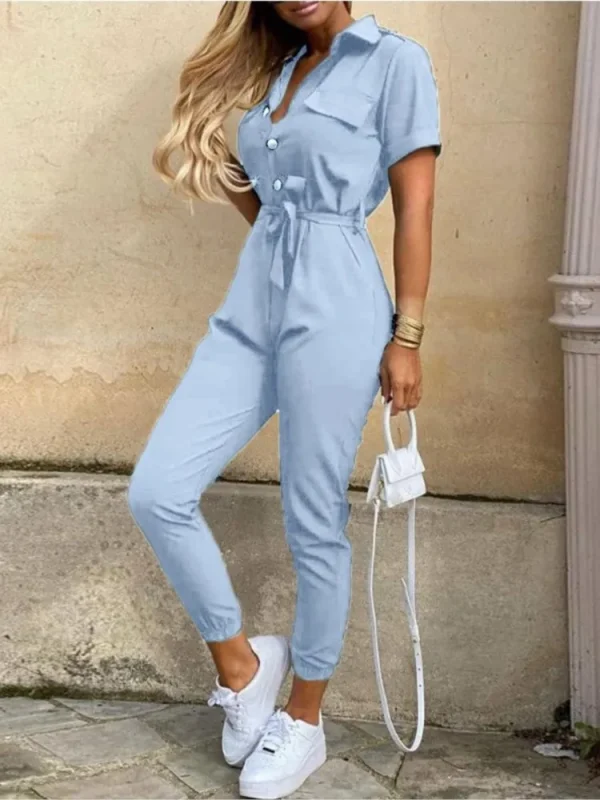 Women's Jumpsuit Solid Color Short Sleeve Lapel Lace-up Printed Belt Ladies Jumpsuits Elegant Casual Office Lady Jumpsuit Female - Image 6