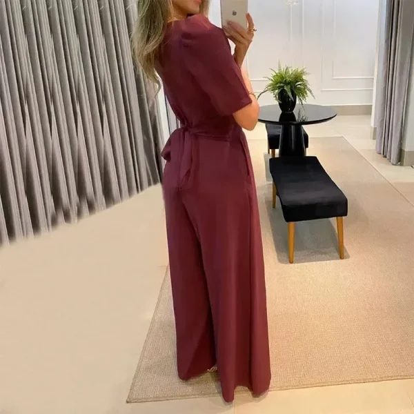 2025 Women Jumpsuit Puff Short Sleeve V Neck Backless Nipped Waist Loose Wide Legs Casual Pants Romper High Streetwear - Image 4