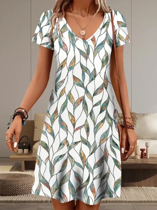 Casual Well-Fitted Printed Short Dress For Women Summer Elegant And Retro Lady's V-Neck Short-Sleeved Straight Knee-Length Dress - Image 3