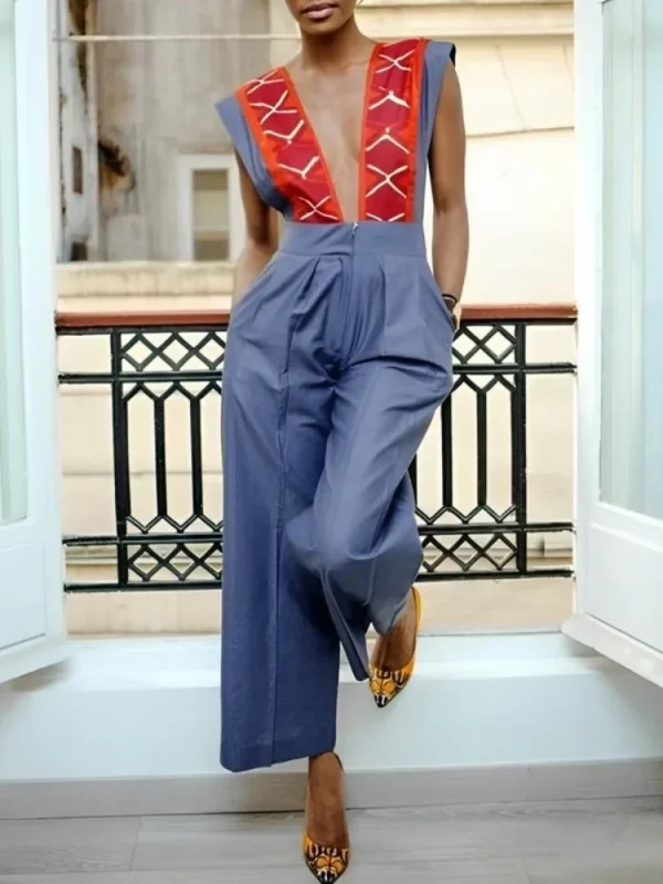 Missuoo Women's Sexy Jumpsuit 2025 Summer Fashion Deep V-neck Sleeveless Wide Leg Coveralls Contrast Color One-piece Suit