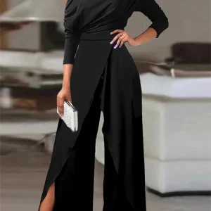 2025 Spring Jumpsuits for Women Plain Elegant Office Lady Loose Ruched One Shoulder Split Hem Wide Leg Jumpsuit
