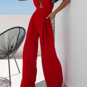 Summer Simple Solid Color Sleeveless Off-the-shoulder Sexy Hanging Neck Waist Jumpsuit Women's Fashion Elegant Wide-leg Trousers
