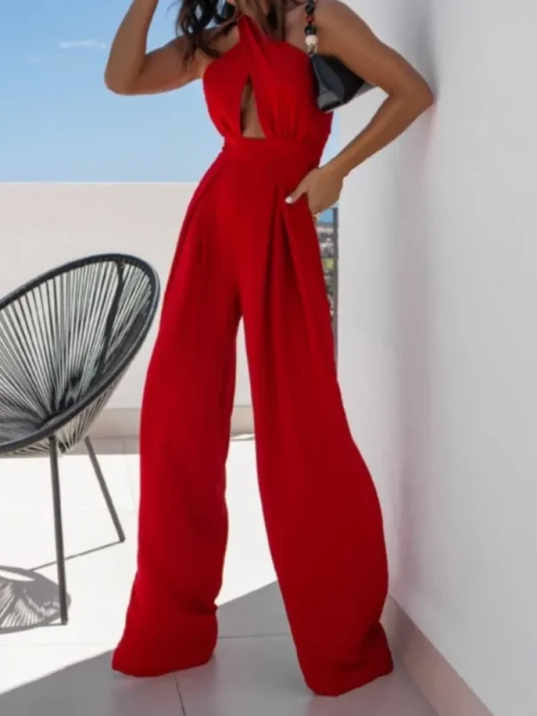 Summer Simple Solid Color Sleeveless Off-the-shoulder Sexy Hanging Neck Waist Jumpsuit Women's Fashion Elegant Wide-leg Trousers
