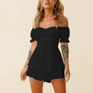 Women's Sexy Jumpsuit Solid Color Ruffles One Neck Short Sleeve Overalls Europe And The United States Sexy Rompers Y2k Clothings