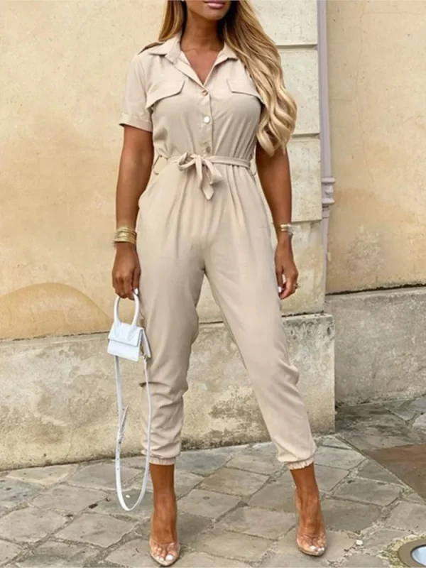 Women's Jumpsuit Solid Color Short Sleeve Lapel Lace-up Printed Belt Ladies Jumpsuits Elegant Casual Office Lady Jumpsuit Female - Image 2