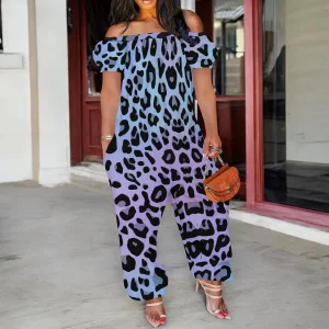 Women Plus Size One Piece Outfits Leopard Print Off Shoulder Short Sleeve Loose Long Pants Jumpsuits
