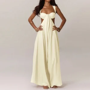 Fashion Hollow Waist Halter Wide Leg Jumpsuits Sexy Tube Top Sleeveless Solid Color Playsuits Lady High Street Commute Rompers
