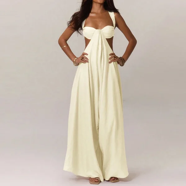 Fashion Hollow Waist Halter Wide Leg Jumpsuits Sexy Tube Top Sleeveless Solid Color Playsuits Lady High Street Commute Rompers