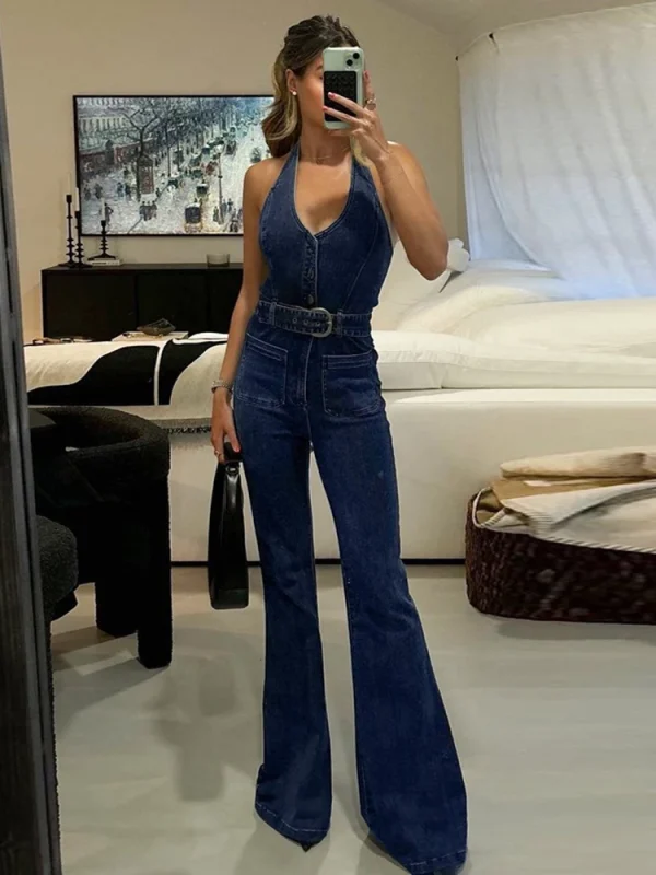Summer New Women's Denim Halter Sleeveless Jumpsuit With Chic Buttons Stretch Slimming Waist Romper Streetwear Trendy Outfit