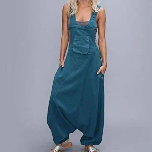 Women Jumpsuit Solid Color Buttons Special Loose Type Sleeveless Jumpsuit Deep U Neck Individual Women Romper Female Clothes