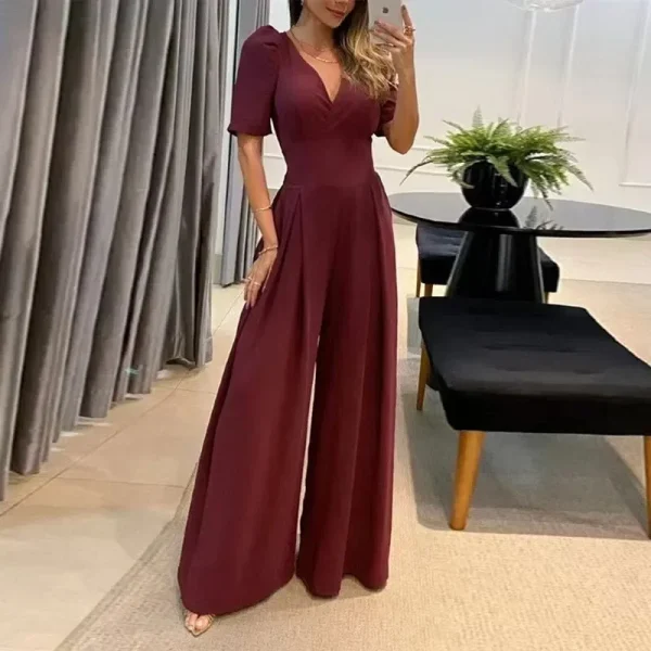 2025 Women Jumpsuit Puff Short Sleeve V Neck Backless Nipped Waist Loose Wide Legs Casual Pants Romper High Streetwear - Image 3