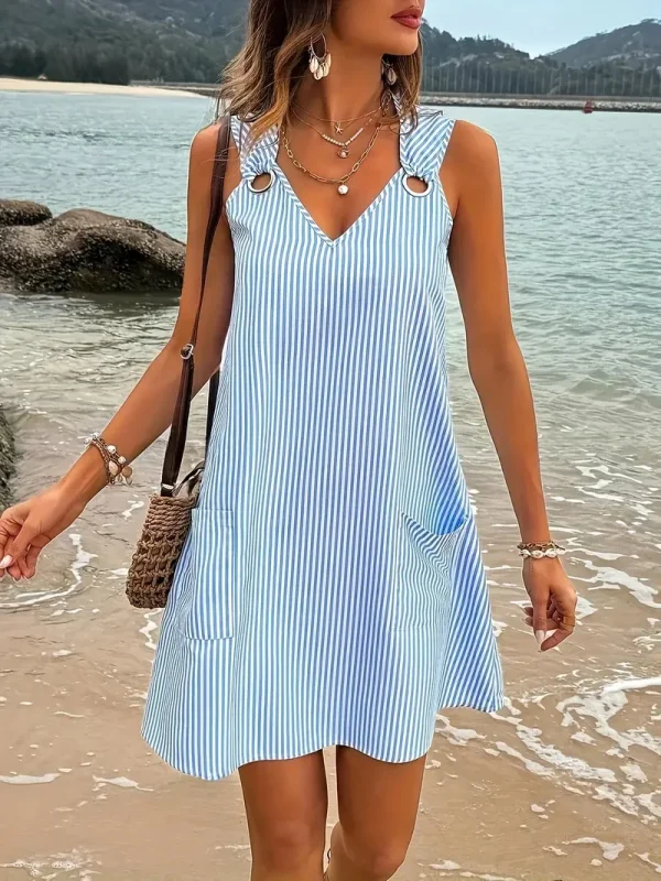 New blue and white striped sleeveless V-neck pocket plus size women's dress for summer - Image 2
