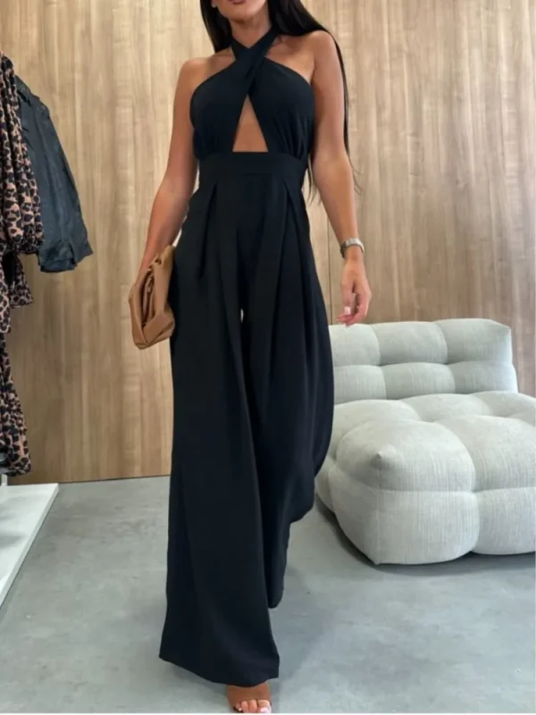 Summer Simple Solid Color Sleeveless Off-the-shoulder Sexy Hanging Neck Waist Jumpsuit Women's Fashion Elegant Wide-leg Trousers - Image 4