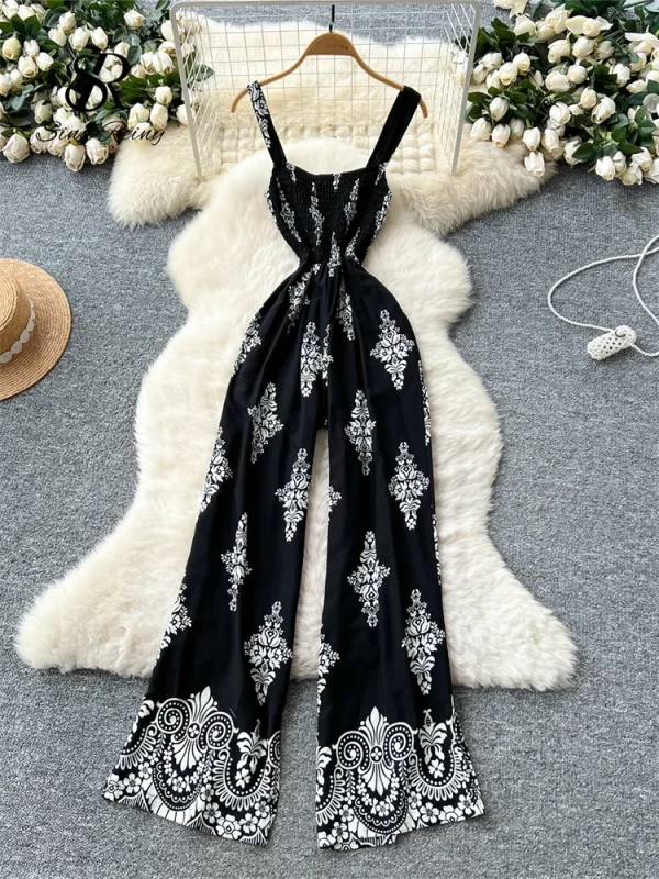 SINGREINY Vintage Print Long Jumpsuits Female Strap Sleeveless Ruched Elastic Slim Backless Summer Floral Retro Beach Rompers - Image 3