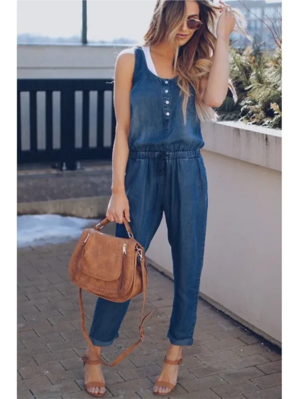 Summer Denim Jumpsuit For Women 2025 Fashion Sleeveless Button Vest Slim Drawstring Pant Jumpsuits High Street Women's Clothing - Image 3
