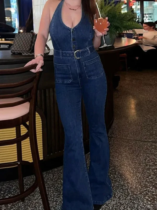 Summer New Women's Denim Halter Sleeveless Jumpsuit With Chic Buttons Stretch Slimming Waist Romper Streetwear Trendy Outfit - Image 6