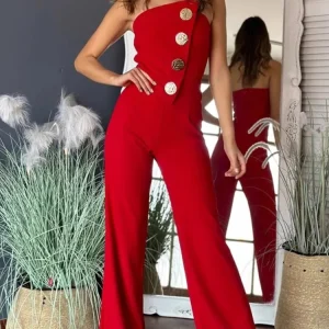 Summer Sexy Chest Button Decoration Micro-la Jumpsuit Trousers Women's Temperament Commuting Fashion Sleeveless Jumpsuit