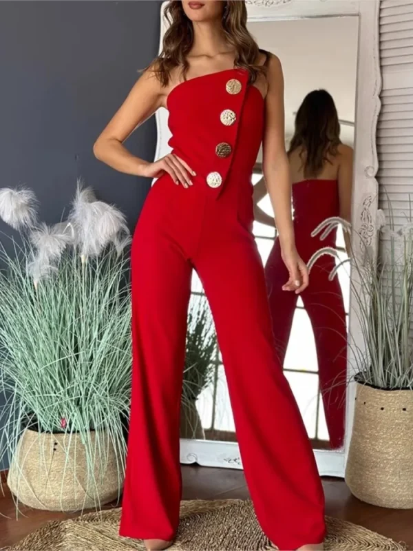 Summer Sexy Chest Button Decoration Micro-la Jumpsuit Trousers Women's Temperament Commuting Fashion Sleeveless Jumpsuit